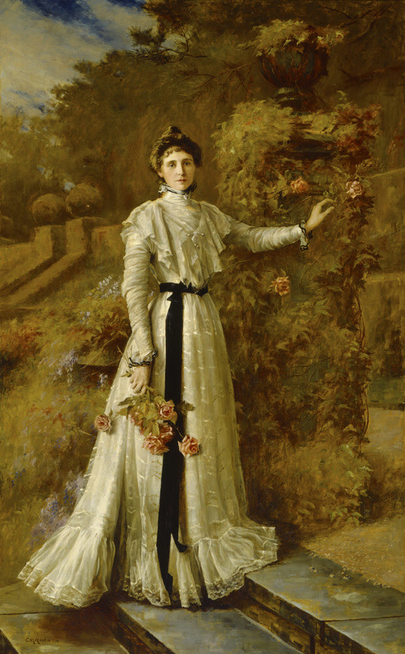 PORTRAIT OF MRS JULIUS DREWE IN THE GARDEN AT WADHURST, 1902 by C M Hardie (1858-1916)