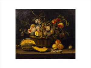 Snowshill, STILL LIFE WITH A BASKET OF PEACHES AND PLUMS by Jacques Linard 1635