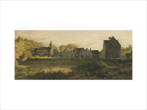 A panoramic watercolour painting "Great Chalfield Manor and Church" in the Groined Room at Great Chalfield Manor, Wiltshire