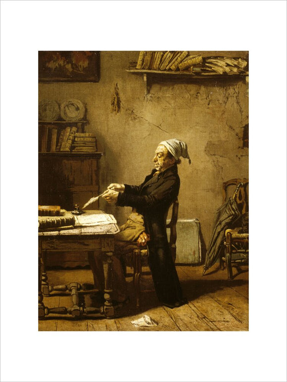 MAN INSPECTING THE POINT OF HIS QUILL, Snowshill Manor by an anonymous artist