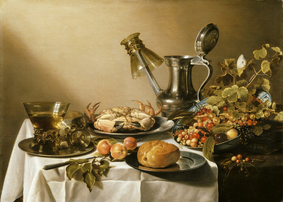 STILL LIFE WITH CRAB, APRICOTS, BREAD AND A BOWL OF SUMMER FRUITS by Peter Claesz at Nostell Priory (post conservation)