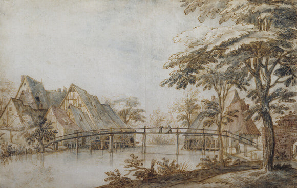 RIVER LANDSCAPE WITH BRIDGE AND COTTAGES, by Jan Bruegel the elder (1568-1625) in the Drawing Room at Fenton House