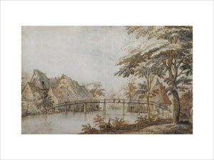 RIVER LANDSCAPE WITH BRIDGE AND COTTAGES, by Jan Bruegel the elder (1568-1625) in the Drawing Room at Fenton House