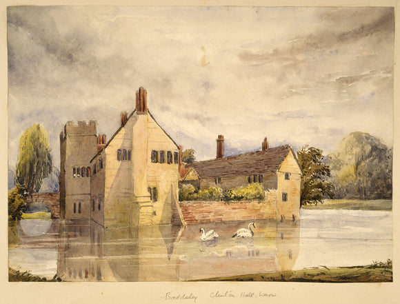 BADDESLEY CLINTON HALL by Rebecca Dulcibella Orpen with swans swimming on the moat