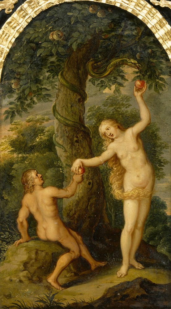 Detail of the Cabinet at Sudbury Hall, depicting Adam and Eve in the Garden of Eden