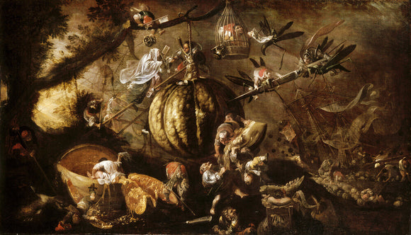 A BIZARRE LANDSCAPE WITH GROTESQUE DWARFS AND MELONS by Faustino Bocchi at Scotney Castle