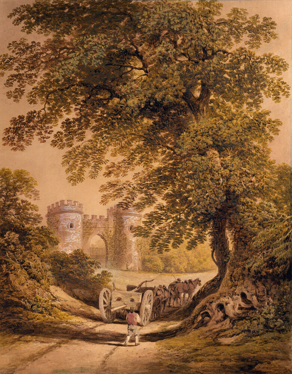 VIEW OF THE CLOCK LODGE AT STOURHEAD with a cart and herdsmen in the foreground