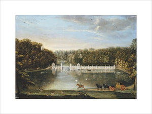 THE DAM AND FISHING TABERNACLES WITH THE OCTAGON TOWER AND ROTUNDA AT STUDLEY ROYAL by Balthasar Nebot c. 1768