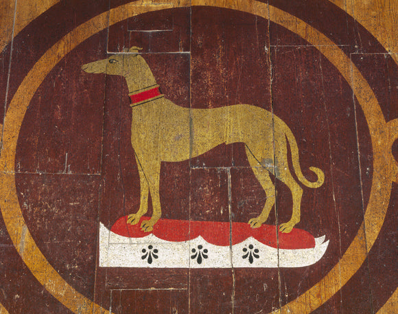 Detail of the painted floor in The Tyrconnel Room at Belton House incorporating the Belton greyhound, possibly a late Victorian neo-Caroline pastiche