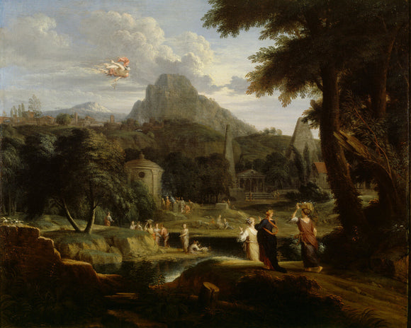 CLASSICAL LANDSCAPE WITH MERCURY CATCHING SIGHT OF HERSE attributed to Jan Glauber