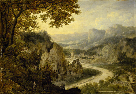 VIEW ON THE MEUSE WITH COAL MINERS by Lucas van Valkenborch
