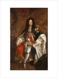 KING CHARLES II by Sir Godfrey Kneller; seated wearing court dress and with his crown and orb on a table by his side, post conservation
