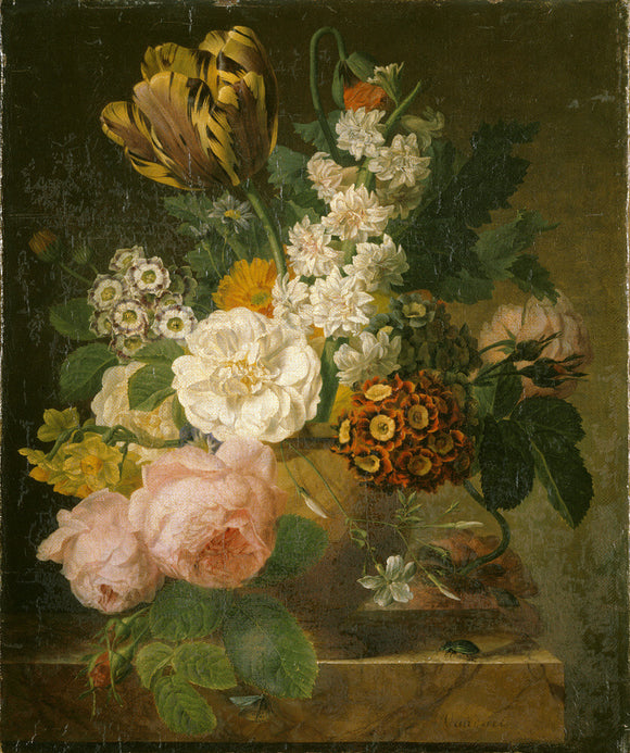 A still life of some flowers on a marble base, signed by van Dael