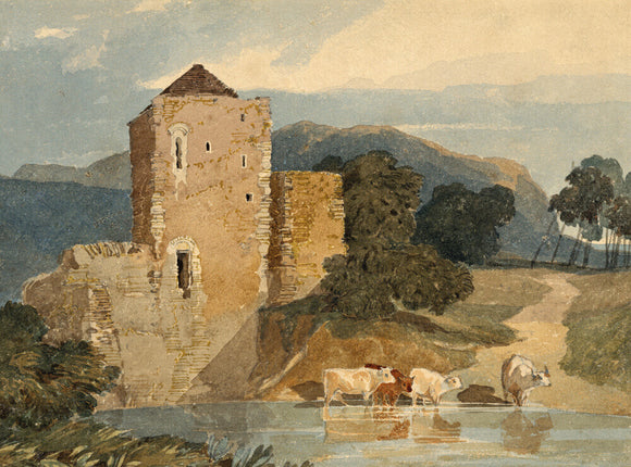 A CASTLE ON A RIVER WITH FOUR CATTLE WADING by John Sell Cotman (1782-1842) a watercolour from the Miss Bailey's Watercolour Bequest at Peckover House