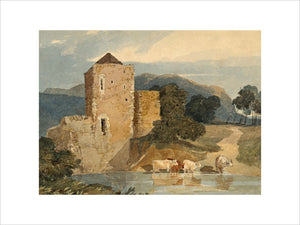 A CASTLE ON A RIVER WITH FOUR CATTLE WADING by John Sell Cotman (1782-1842) a watercolour from the Miss Bailey's Watercolour Bequest at Peckover House