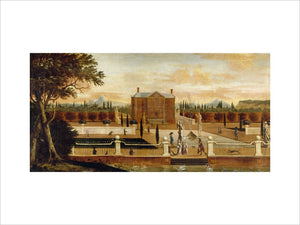 A painting of a 17th century formal garden with fountains, swans and people, hanging in the Lookout Room at Packwood House