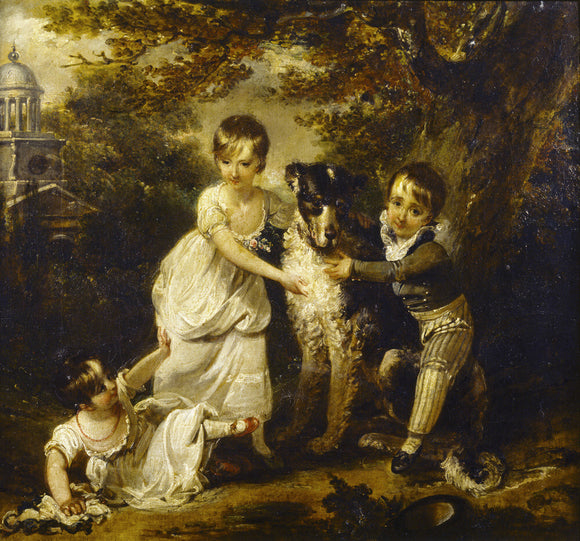 FAMILY PORTRAIT OF SIR JOHN TREVELYAN, 4TH BART by Arthur Devis depicting the children playing outdoors with the dog