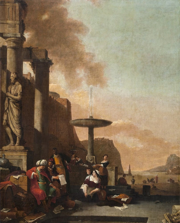CAPRICCIO OF A MEDITERRANEAN SEAPORT WITH ORIENTALS AND AN ANTIQUE STATUE after Thomas Wyck (1616-1677)