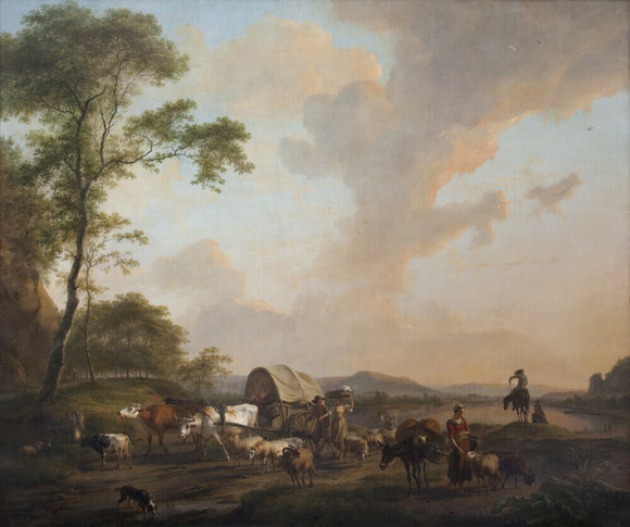 LANDSCAPE WITH ANIMALS, FIGURES AND A WAGONS, 1789, by Balthasar Paul Ommeganck (1755-1826), painting in the Saloon at Plas Newydd, Anglesey