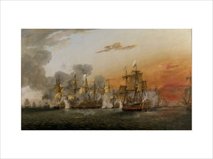 A painting of the BATTLE OF THE SAINTS, 6.30PM by Thomas Luny (1759-1837)