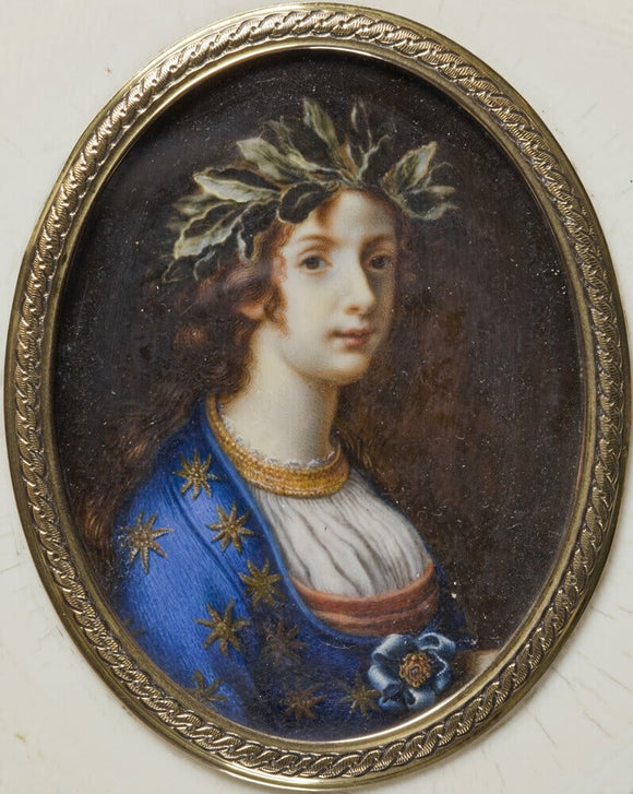 Circular ivory box with an oval miniature of a girl with a crown of laurels in a gilt frame, at Berrington Hall, Herefordshire