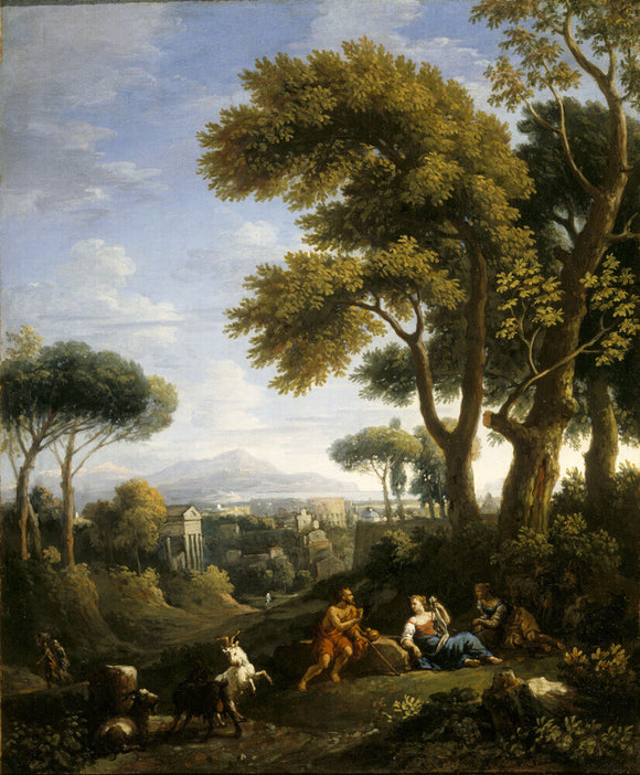 CLASSICAL LANDSCAPE WITH A TRAVELLER AND TWO WOMEN CONVERSING AND THREE GOATS GAMBOLLING by l'Orizzonte (1662-1749) (ATT/P/67) from Attingham Park.