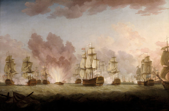 A painting of THE SPANISH SHIP SAINT DOMINGO BLOWN UP DURING THE ACTION WITH SPANISH FLEET OFF ST