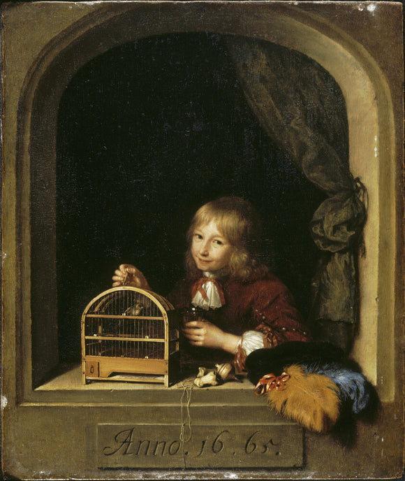 THE BOY WITH THE BIRD CAGE by Caspar Netscher (1639-1684)