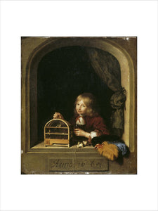 THE BOY WITH THE BIRD CAGE by Caspar Netscher (1639-1684)
