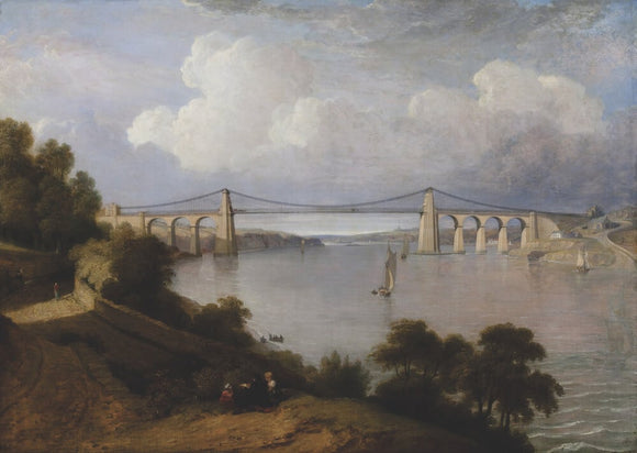 THE MENAI BRIDGE, 1828, by George Arnald (1763-1841), painting in the Octagon Room at Plas Newydd, Anglesey