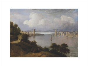 THE MENAI BRIDGE, 1828, by George Arnald (1763-1841), painting in the Octagon Room at Plas Newydd, Anglesey