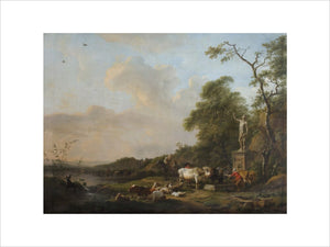 LANDSCAPE WITH PEASANTS AND ANIMALS BY A FOUNTAIN, 1789, by Balthasar Paul Ommeganck (1755-1826), painting in the Saloon at Plas Newydd, Anglesey