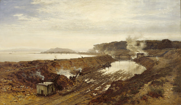 THE EXCAVATION OF THE MANCHESTER SHIP CANAL: EASTHAM CUTTING WITH MOUNT MAINSTAY IN THE DISTANCE by BW Leader (1831-1923) at Tatton Park