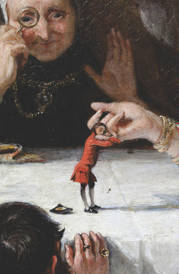 Close detail of part of the painting GULLIVER PRESENTED TO THE QUEEN OF BROBDIGNAG by Charles Robert Leslie RA (1794-1859)