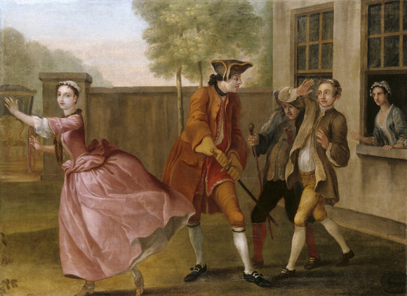 PAMELA FLYING TO THE COACH,WHILE LADY DAVERS SENDS 2 OF HER FOOTMEN TO STOP HER