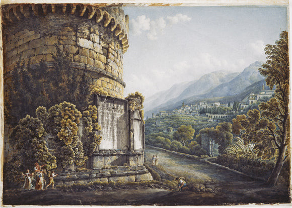 Watercolour painting of classical ruins and landscape, with dancing peasants