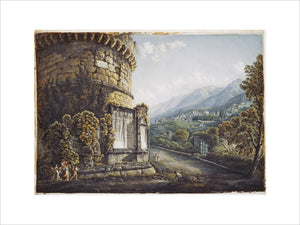 Watercolour painting of classical ruins and landscape, with dancing peasants