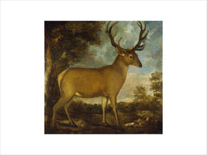 THE DERBY STAG seen against wild countryside and a cloudy sky, oil painting, post-conservation, at Lyme Park