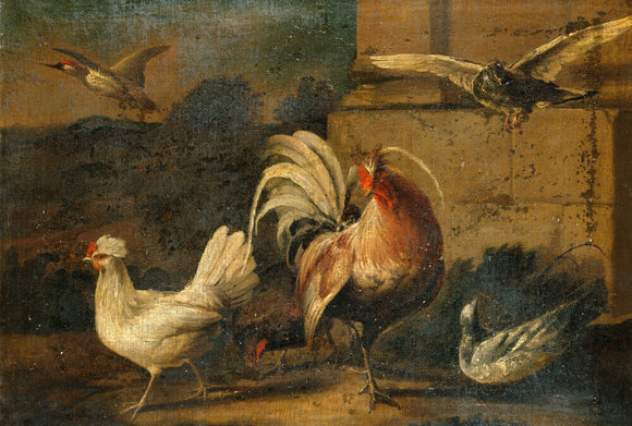 Poultry in Landscape painted in the style of Hondecoethe