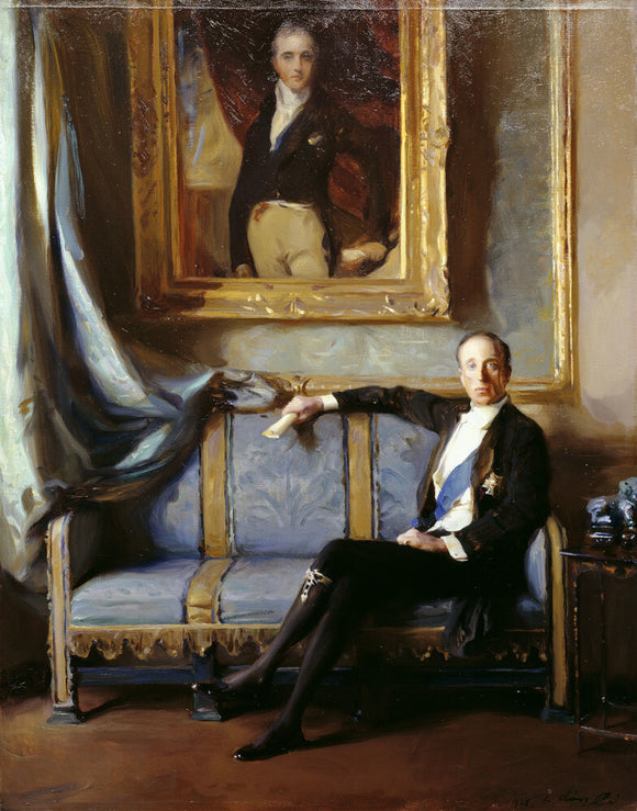 Portrait of the 7th Marquess seated on a sofa, wearing garter star and sash