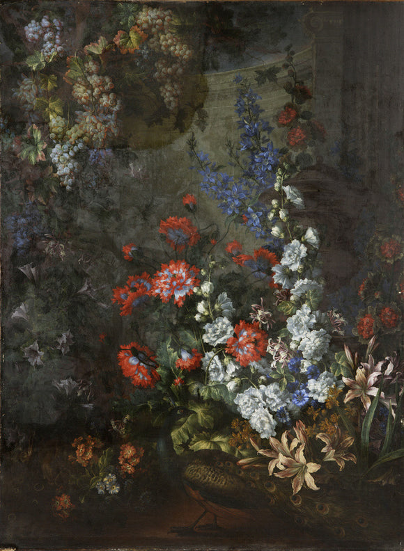 STILL LIFE WITH FLOWERS AND PEACOCK by Jean Baptiste Monnoyer, late seventeenth century, oil on canvas