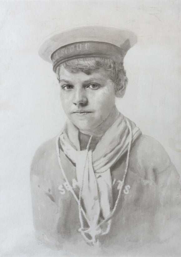 Pencil drawing by Otto Overbeck of a boy in a sea scout uniform at Overbeck's, Sharpitor, Devon
