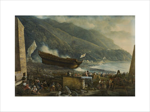 THE LAUNCHING OF A BATTLESHIP a gouache drawing by Abraham-Louis-Rudolphe Ducros (1748-1810)