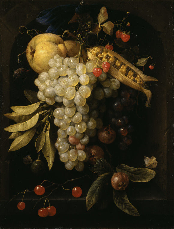 FRUIT AND CORN HANGING BY A RIBBON by Joris van Son (1623-1667)