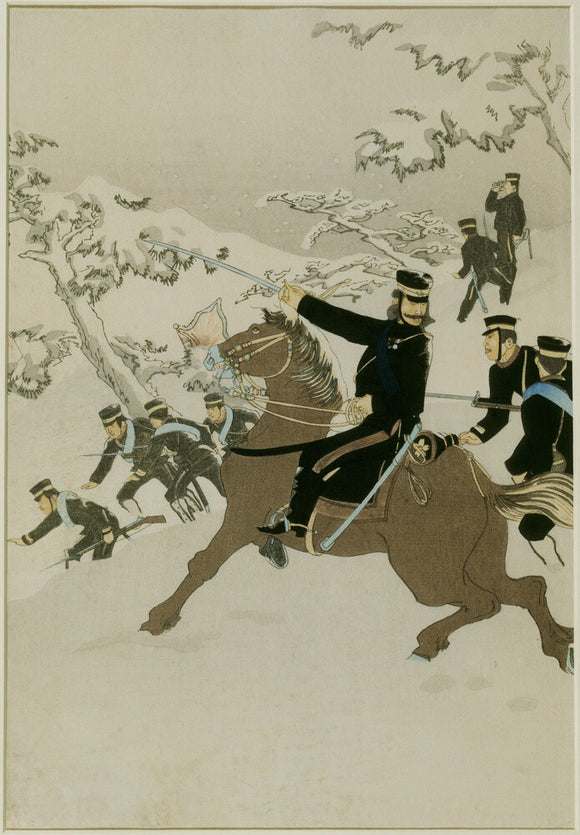 CAVALRY IN WINTER an original print in the style of YOSHI TOSHI from the Japanese Room