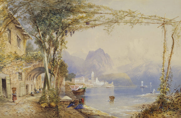 ITALIAN LAKE SCENE by Thomas Rowbotham (1823-1875) Looking across the lake to mountains beyond