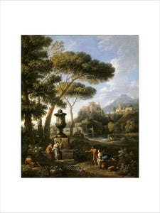 CLASSICAL LANDSCAPE WITH FIVE FIGURES CONVERSING BY A FOUNTAIN TOPPED BY A BIG URN by l'Orizzonte (1662-1749)