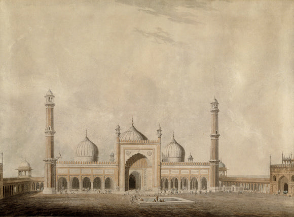 One of the Oriental Scenery aquatints, a mosque with 3 domes, drawn & engraved by Thomas Daniell from the Indian drawings