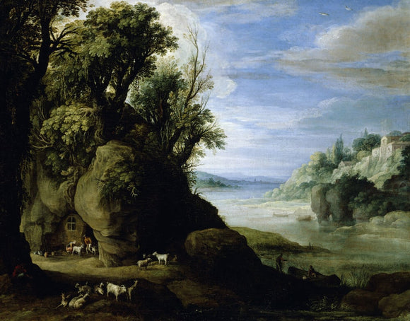 LANDSCAPE WITH TROGLODYTE GOATHEARDS by Paul Brill (1554-1626) from Petworth House post-conservation