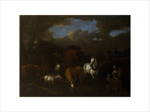 FIGURES, ANIMALS AND WAGGONS CROSSING A FORD by Netherlandish, C17th from Plas Newydd